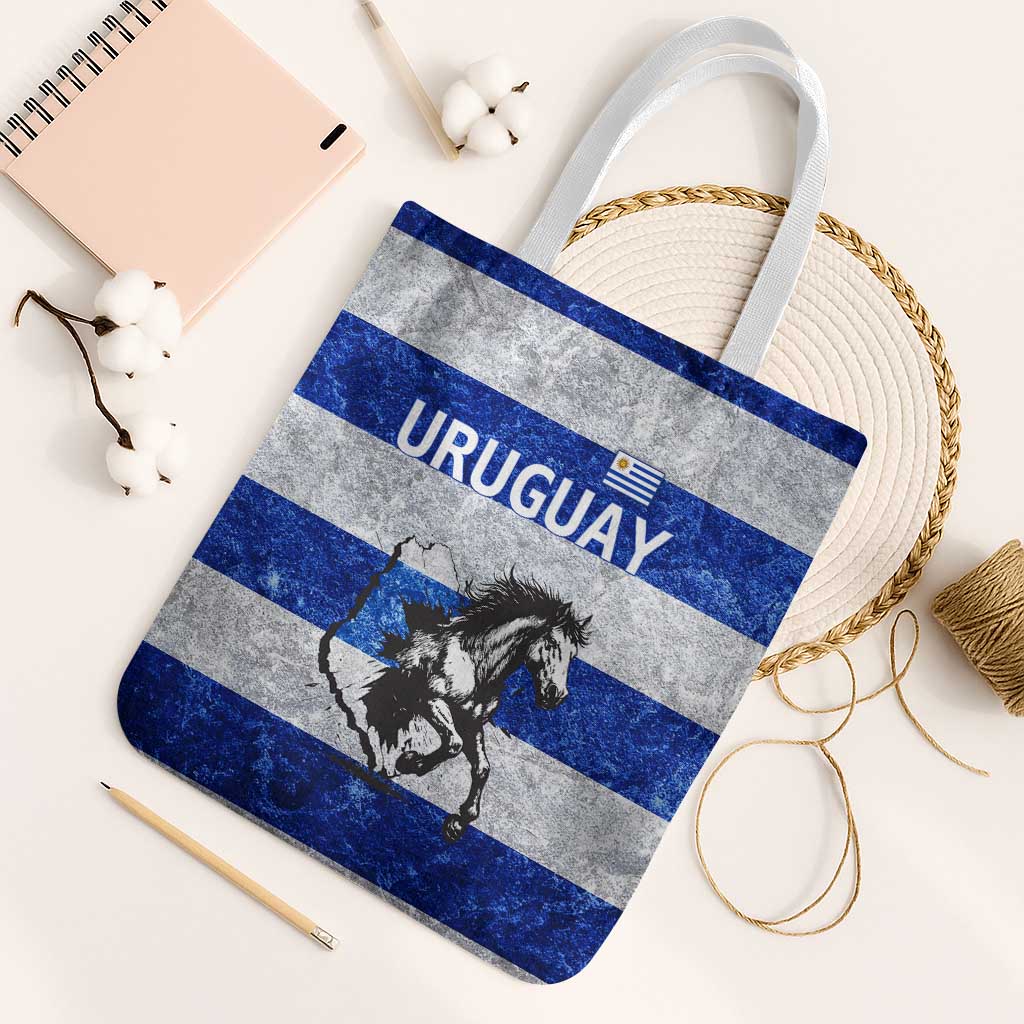 Uruguay Tote Bag with Wild Horse Illustration Blue Gray Striped - Wonder Print Shop