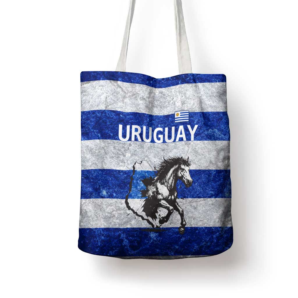 Uruguay Tote Bag with Wild Horse Illustration Blue Gray Striped - Wonder Print Shop