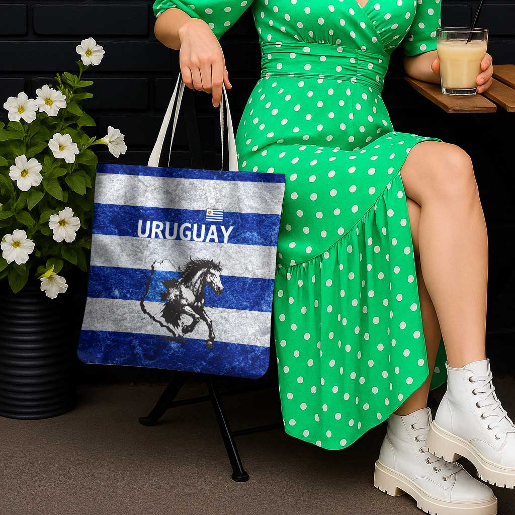 Uruguay Tote Bag with Wild Horse Illustration Blue Gray Striped - Wonder Print Shop