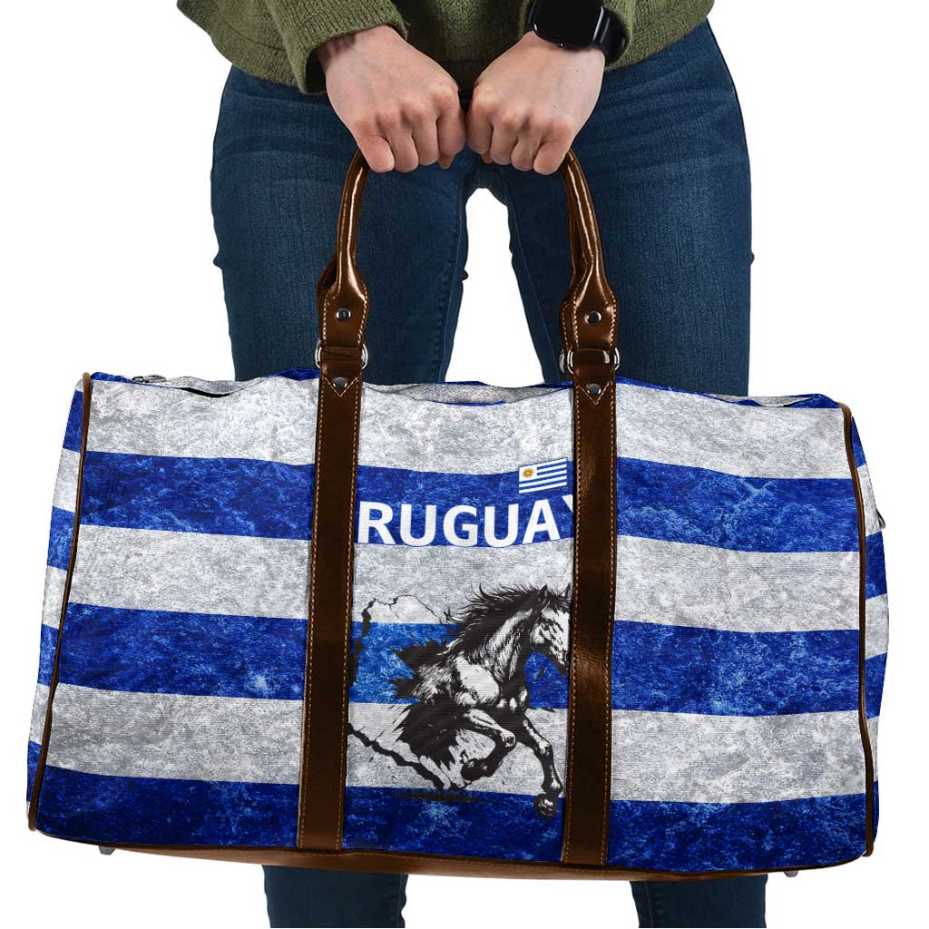 Uruguay Travel Bag with Wild Horse Illustration Blue Gray Striped - Wonder Print Shop