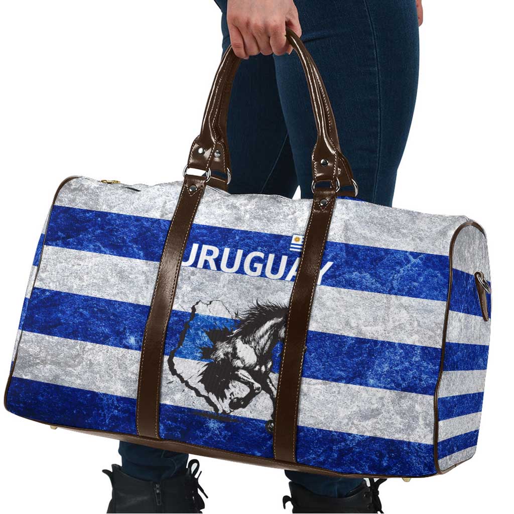 Uruguay Travel Bag with Wild Horse Illustration Blue Gray Striped - Wonder Print Shop