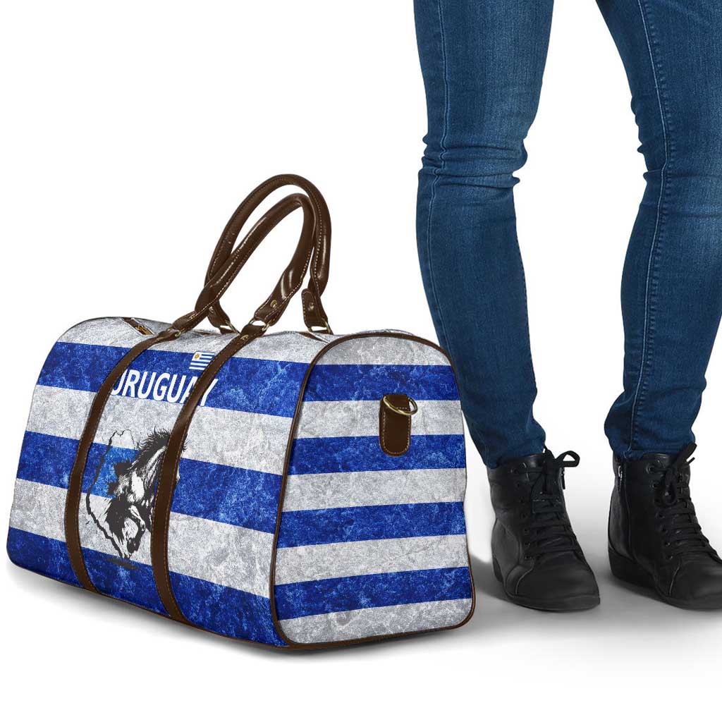 Uruguay Travel Bag with Wild Horse Illustration Blue Gray Striped - Wonder Print Shop