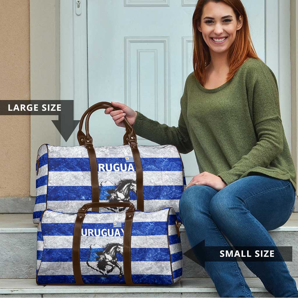 Uruguay Travel Bag with Wild Horse Illustration Blue Gray Striped - Wonder Print Shop