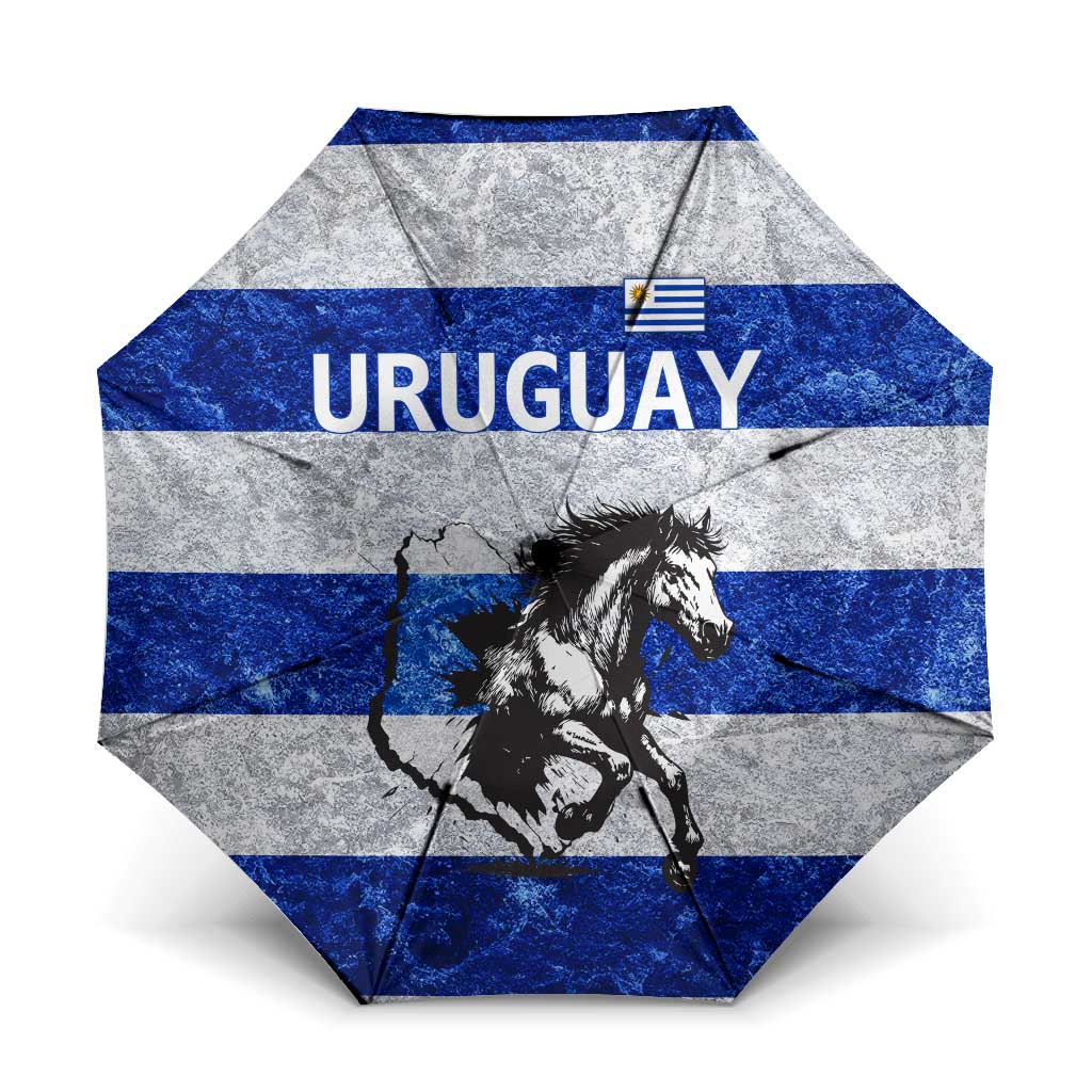 Uruguay Umbrella with Wild Horse Illustration Blue Gray Striped - Wonder Print Shop