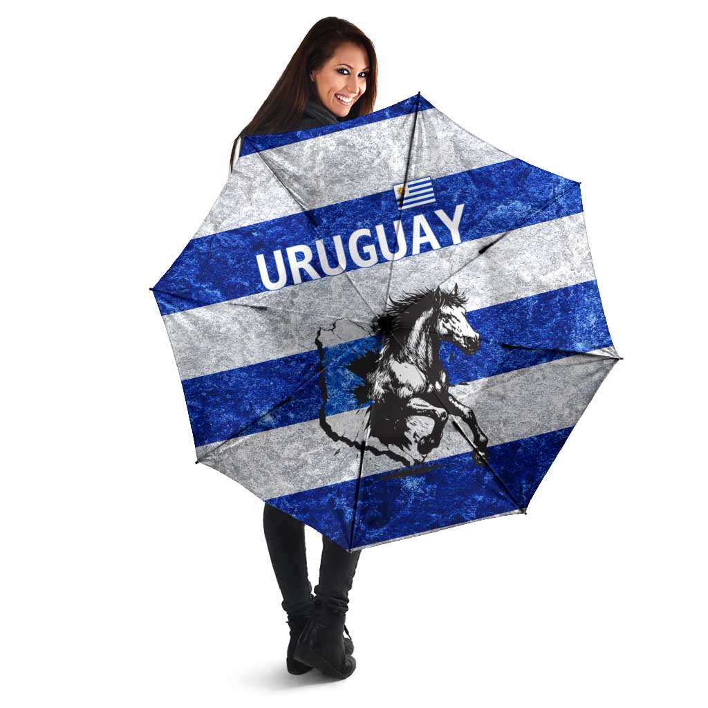 Uruguay Umbrella with Wild Horse Illustration Blue Gray Striped - Wonder Print Shop