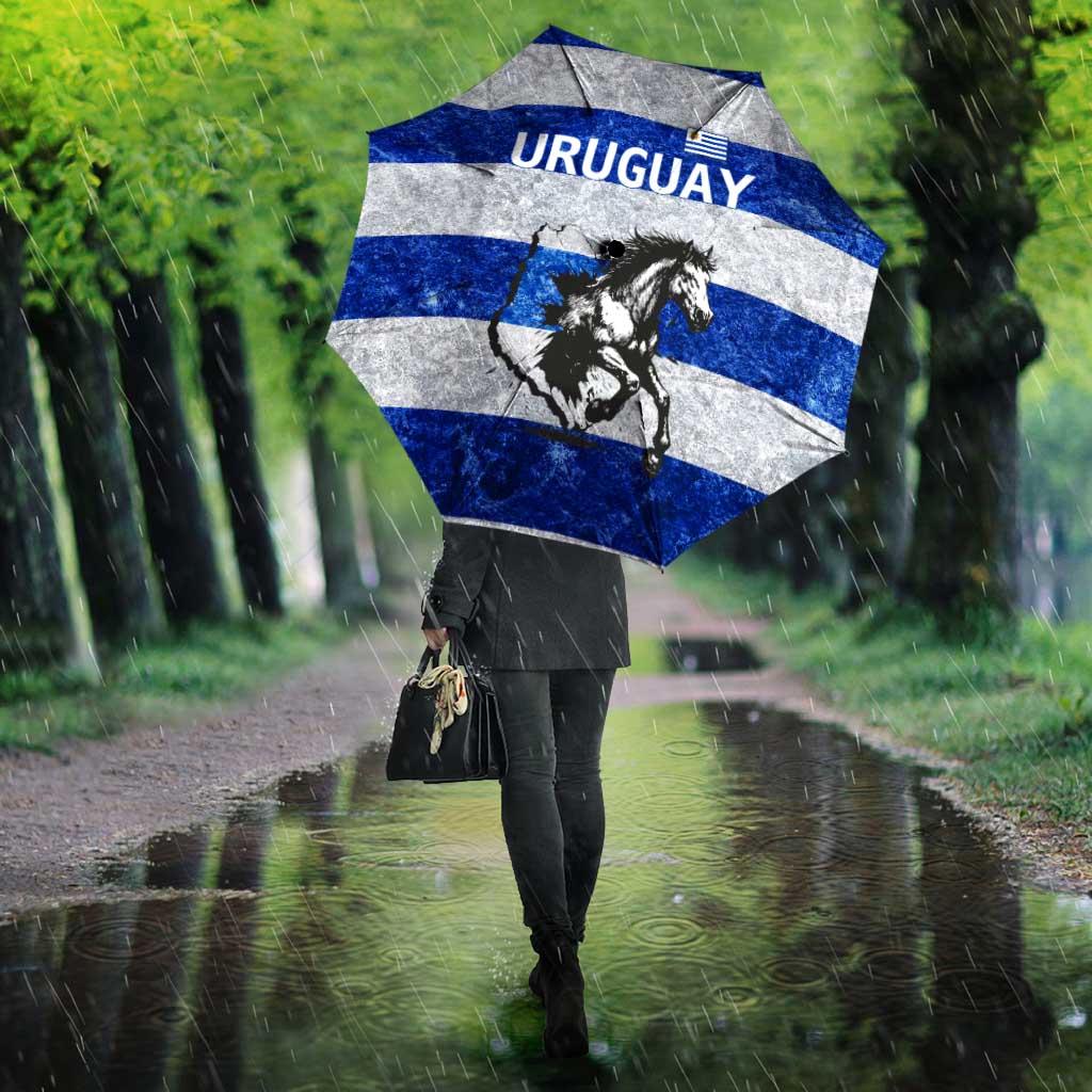 Uruguay Umbrella with Wild Horse Illustration Blue Gray Striped - Wonder Print Shop