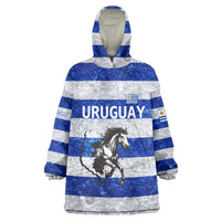 Uruguay Wearable Blanket Hoodie with Wild Horse Illustration Blue Gray Striped - Wonder Print Shop
