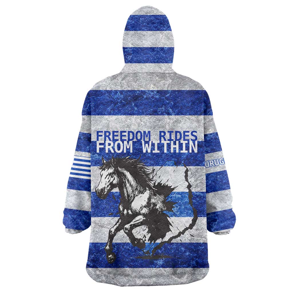 Uruguay Wearable Blanket Hoodie with Wild Horse Illustration Blue Gray Striped - Wonder Print Shop