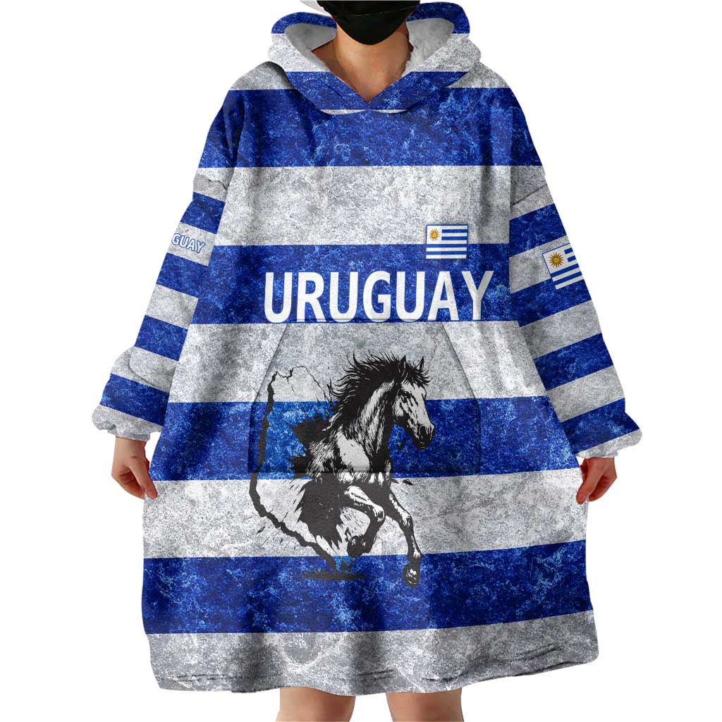 Uruguay Wearable Blanket Hoodie with Wild Horse Illustration Blue Gray Striped - Wonder Print Shop