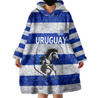 Uruguay Wearable Blanket Hoodie with Wild Horse Illustration Blue Gray Striped - Wonder Print Shop