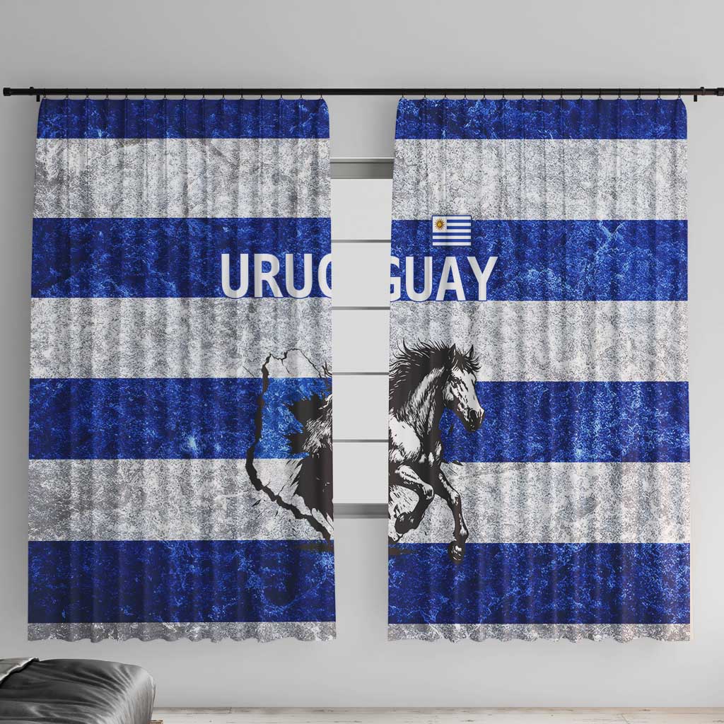 Uruguay Window Curtain with Wild Horse Illustration Blue Gray Striped - Wonder Print Shop
