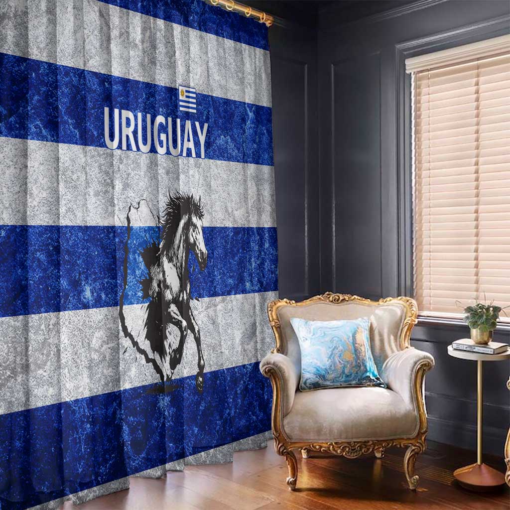 Uruguay Window Curtain with Wild Horse Illustration Blue Gray Striped - Wonder Print Shop