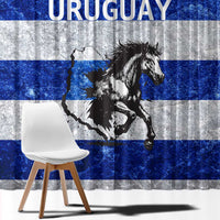 Uruguay Window Curtain with Wild Horse Illustration Blue Gray Striped - Wonder Print Shop