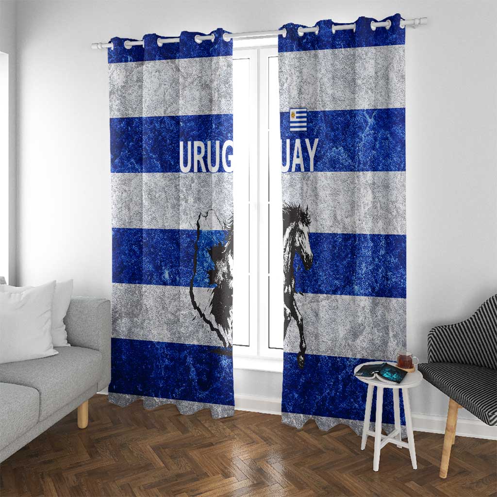 Uruguay Window Curtain with Wild Horse Illustration Blue Gray Striped - Wonder Print Shop