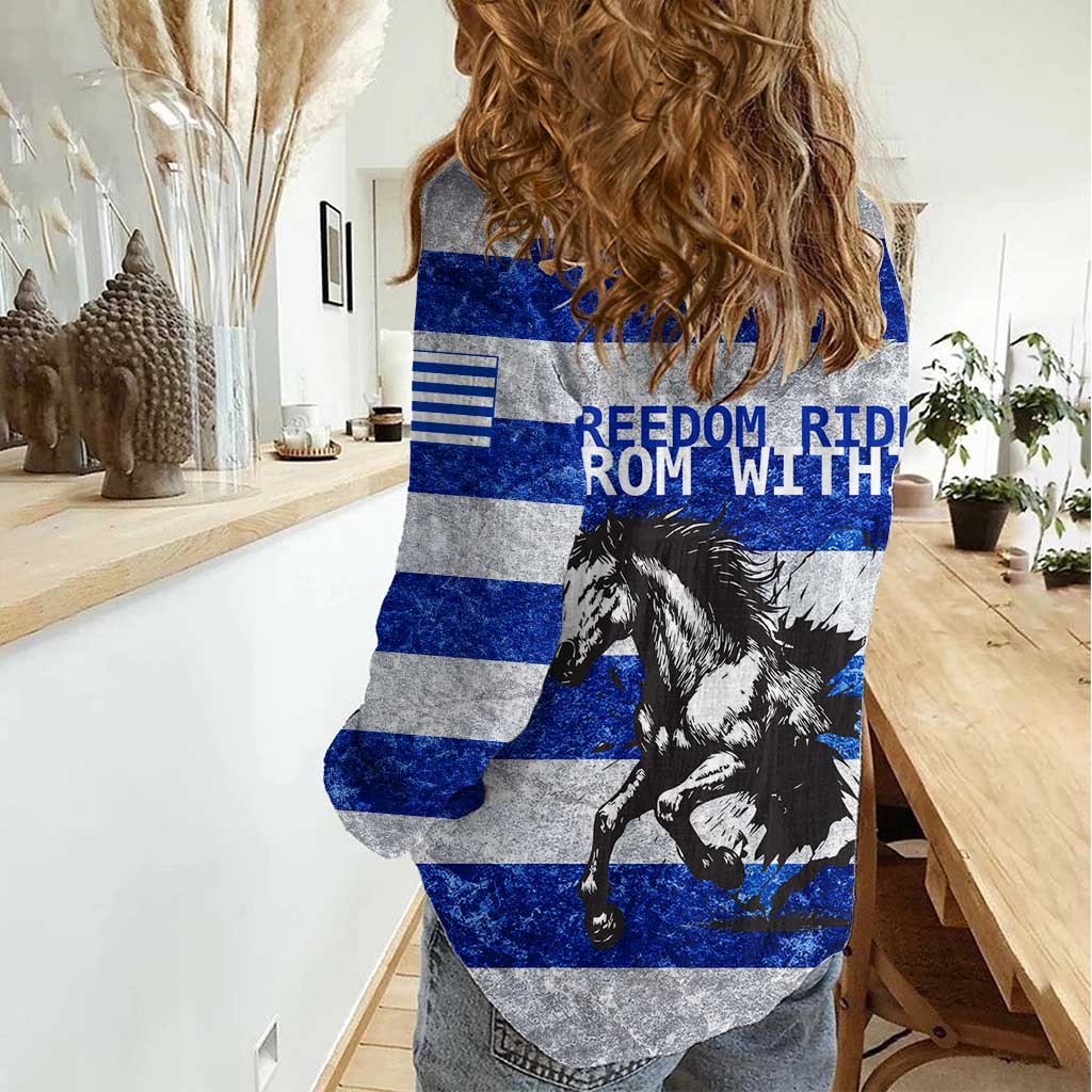 Uruguay Women Casual Shirt with Wild Horse Illustration Blue Gray Striped - Wonder Print Shop