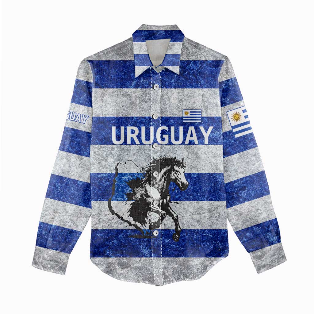 Uruguay Women Casual Shirt with Wild Horse Illustration Blue Gray Striped - Wonder Print Shop