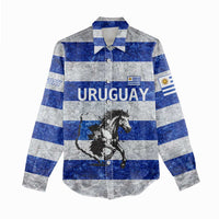 Uruguay Women Casual Shirt with Wild Horse Illustration Blue Gray Striped - Wonder Print Shop