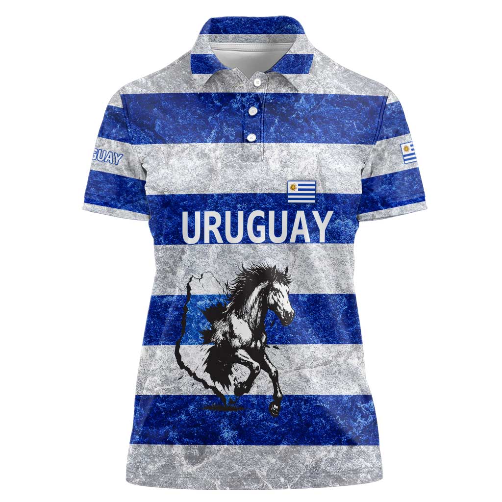 Uruguay Women Polo Shirt with Wild Horse Illustration Blue Gray Striped - Wonder Print Shop