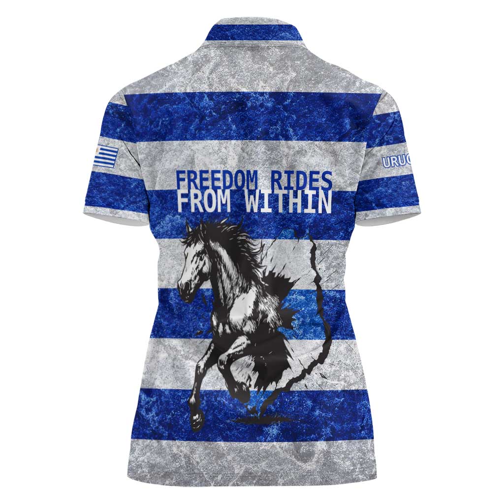 Uruguay Women Polo Shirt with Wild Horse Illustration Blue Gray Striped - Wonder Print Shop