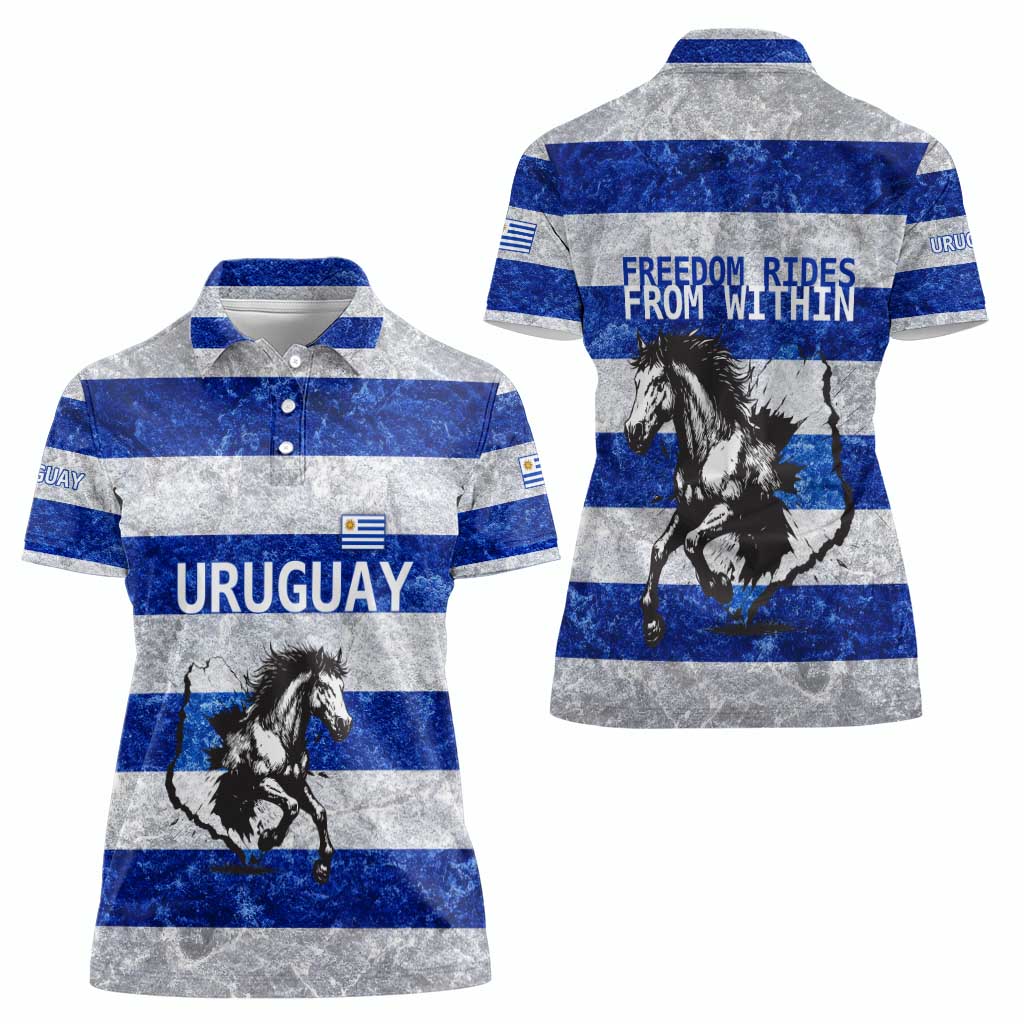 Uruguay Women Polo Shirt with Wild Horse Illustration Blue Gray Striped - Wonder Print Shop