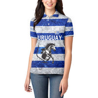 Uruguay Women Polo Shirt with Wild Horse Illustration Blue Gray Striped - Wonder Print Shop