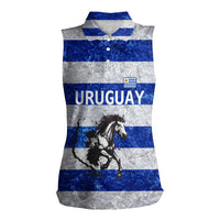 Uruguay Women Sleeveless Polo Shirt with Wild Horse Illustration Blue Gray Striped - Wonder Print Shop