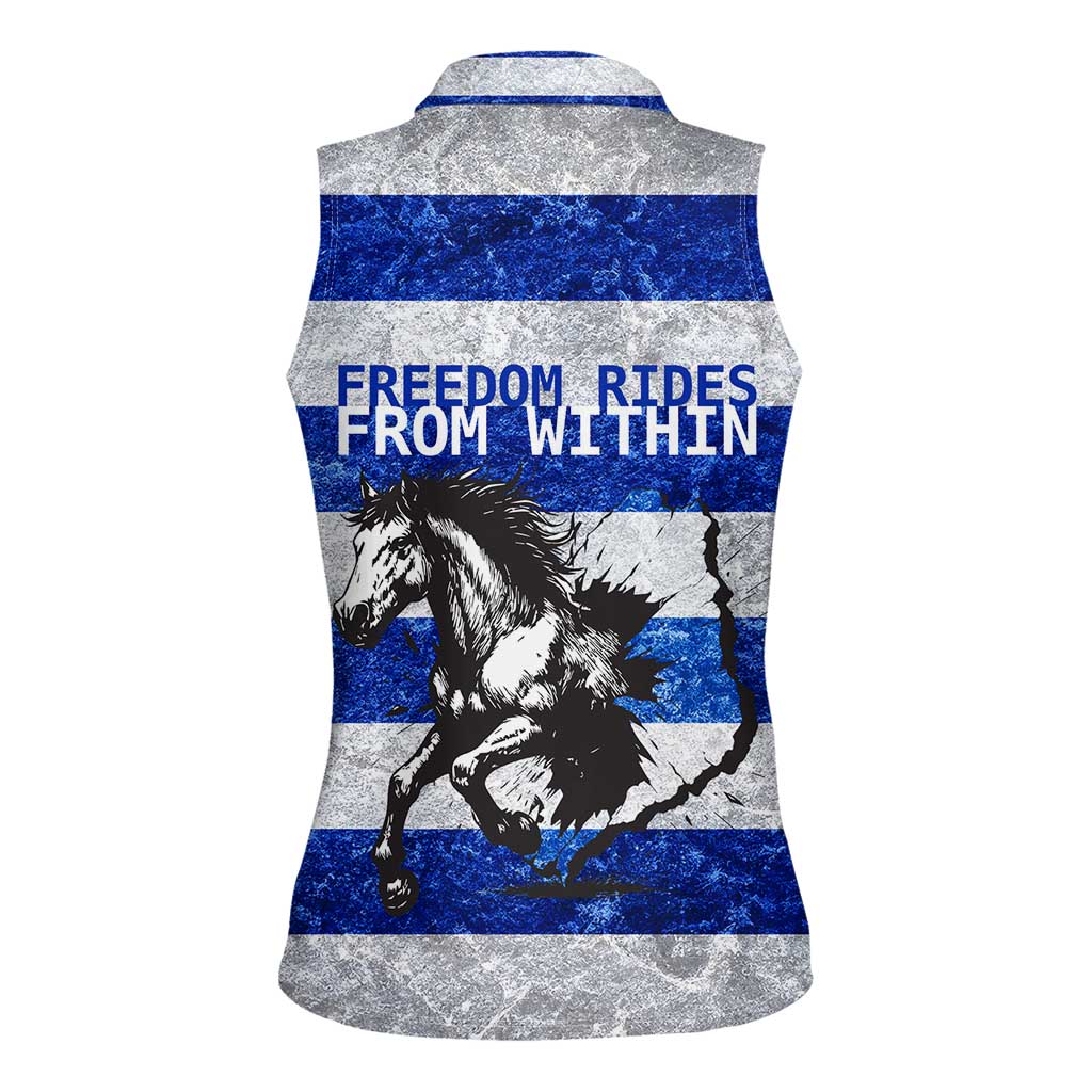 Uruguay Women Sleeveless Polo Shirt with Wild Horse Illustration Blue Gray Striped - Wonder Print Shop