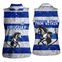 Uruguay Women Sleeveless Polo Shirt with Wild Horse Illustration Blue Gray Striped - Wonder Print Shop