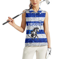 Uruguay Women Sleeveless Polo Shirt with Wild Horse Illustration Blue Gray Striped - Wonder Print Shop