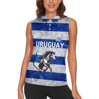 Uruguay Women Sleeveless Polo Shirt with Wild Horse Illustration Blue Gray Striped - Wonder Print Shop