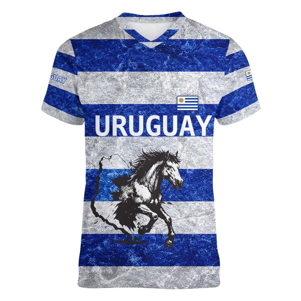 Uruguay Women V-Neck T-Shirt with Wild Horse Illustration Blue Gray Striped - Wonder Print Shop