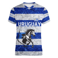 Uruguay Women V-Neck T-Shirt with Wild Horse Illustration Blue Gray Striped - Wonder Print Shop