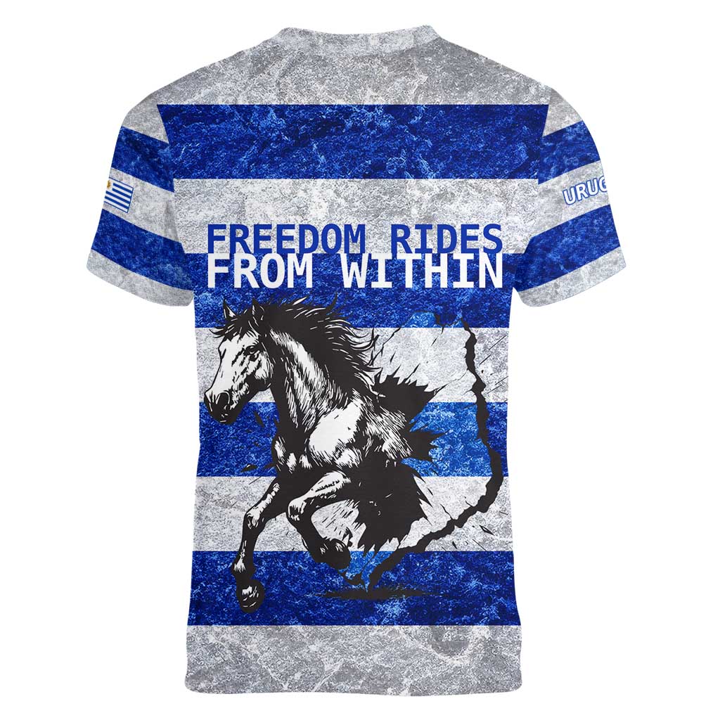 Uruguay Women V-Neck T-Shirt with Wild Horse Illustration Blue Gray Striped - Wonder Print Shop