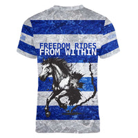 Uruguay Women V-Neck T-Shirt with Wild Horse Illustration Blue Gray Striped - Wonder Print Shop
