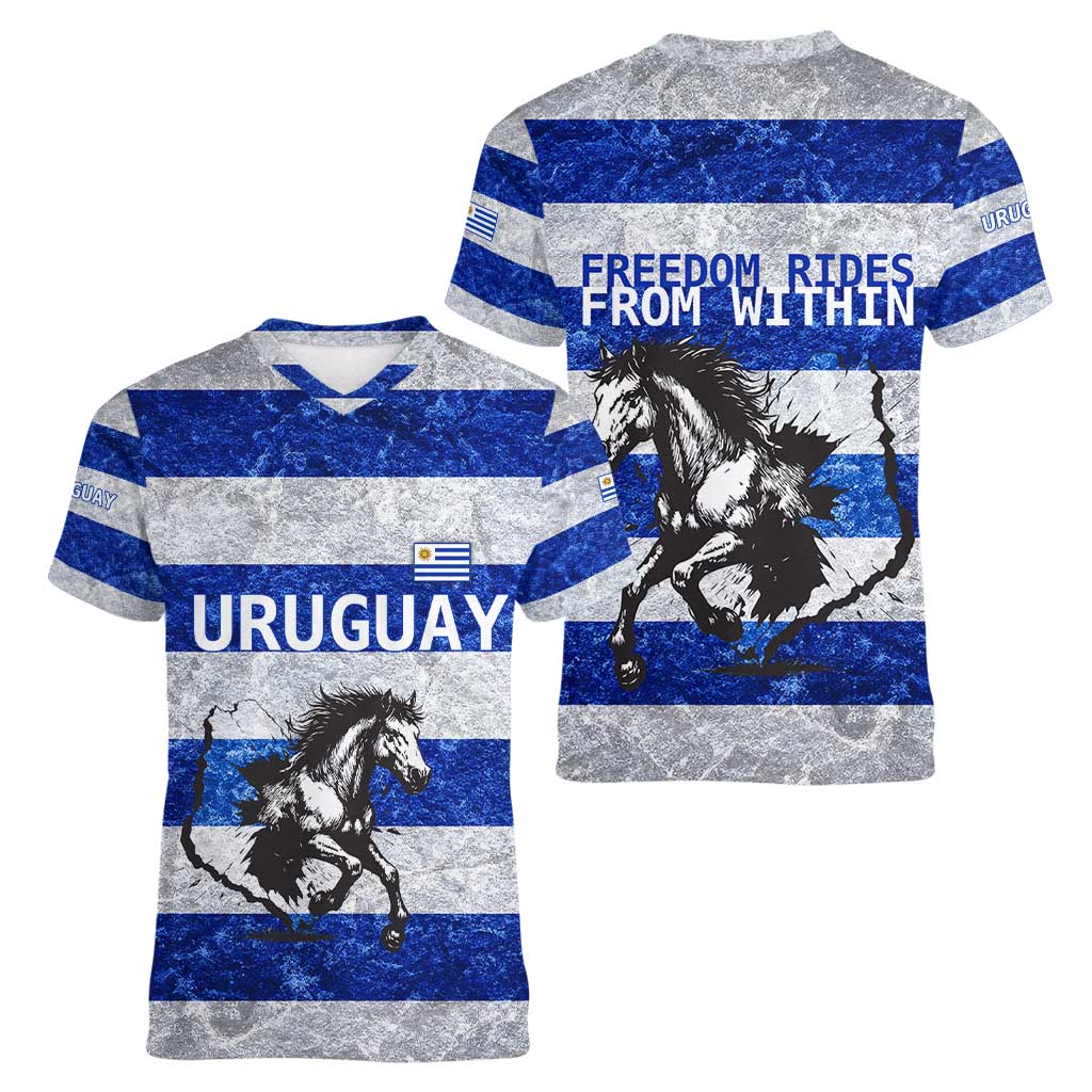 Uruguay Women V-Neck T-Shirt with Wild Horse Illustration Blue Gray Striped - Wonder Print Shop