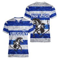 Uruguay Women V-Neck T-Shirt with Wild Horse Illustration Blue Gray Striped - Wonder Print Shop
