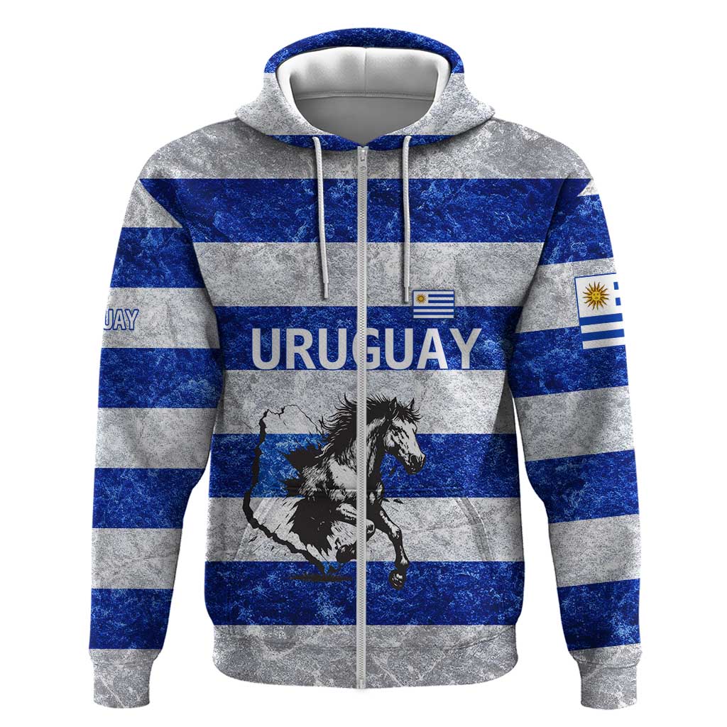 Uruguay Zip Hoodie with Wild Horse Illustration Blue Gray Striped - Wonder Print Shop