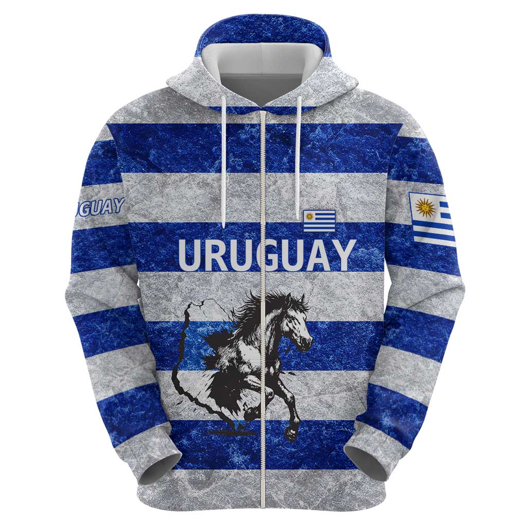 Uruguay Zip Hoodie with Wild Horse Illustration Blue Gray Striped - Wonder Print Shop