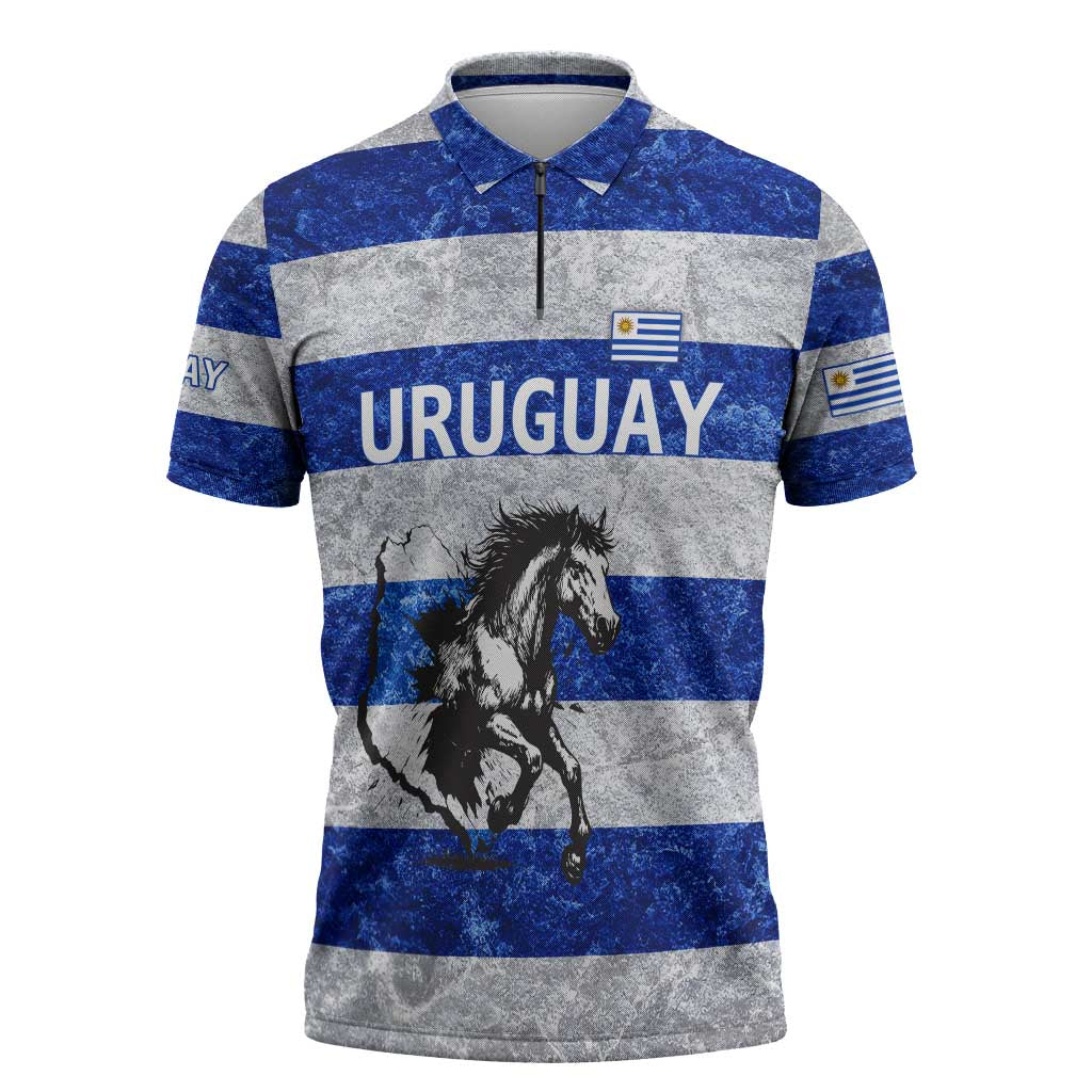 Uruguay Zipper Polo Shirt with Wild Horse Illustration Blue Gray Striped - Wonder Print Shop