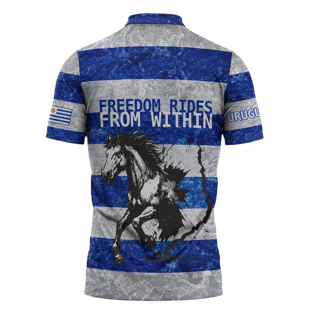 Uruguay Zipper Polo Shirt with Wild Horse Illustration Blue Gray Striped - Wonder Print Shop