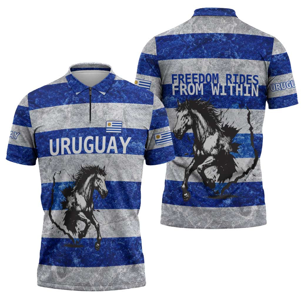 Uruguay Zipper Polo Shirt with Wild Horse Illustration Blue Gray Striped - Wonder Print Shop