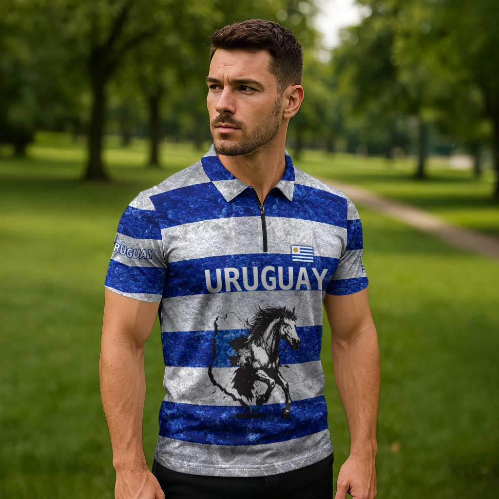 Uruguay Zipper Polo Shirt with Wild Horse Illustration Blue Gray Striped - Wonder Print Shop