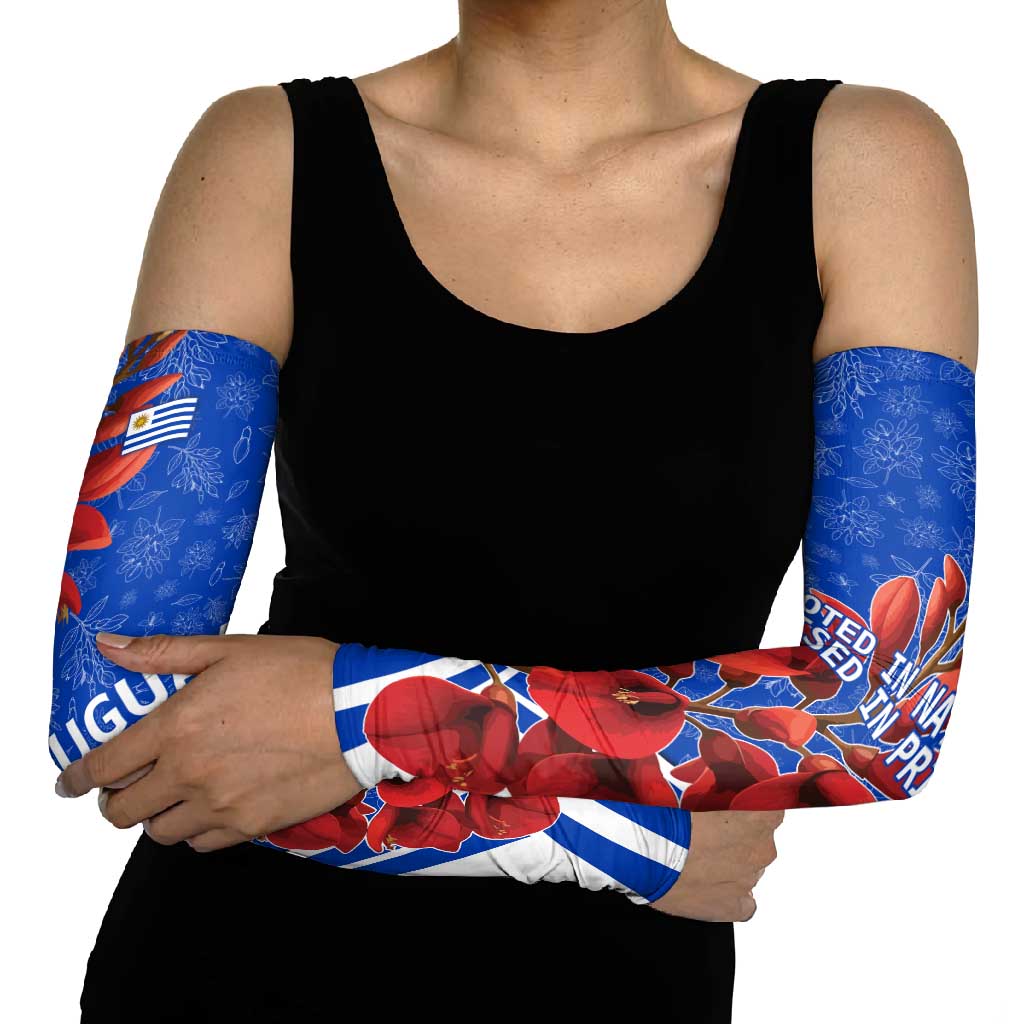 Uruguay Arm Sleeves with Erythrina Flower Illustration Blue White Nature - Wonder Print Shop
