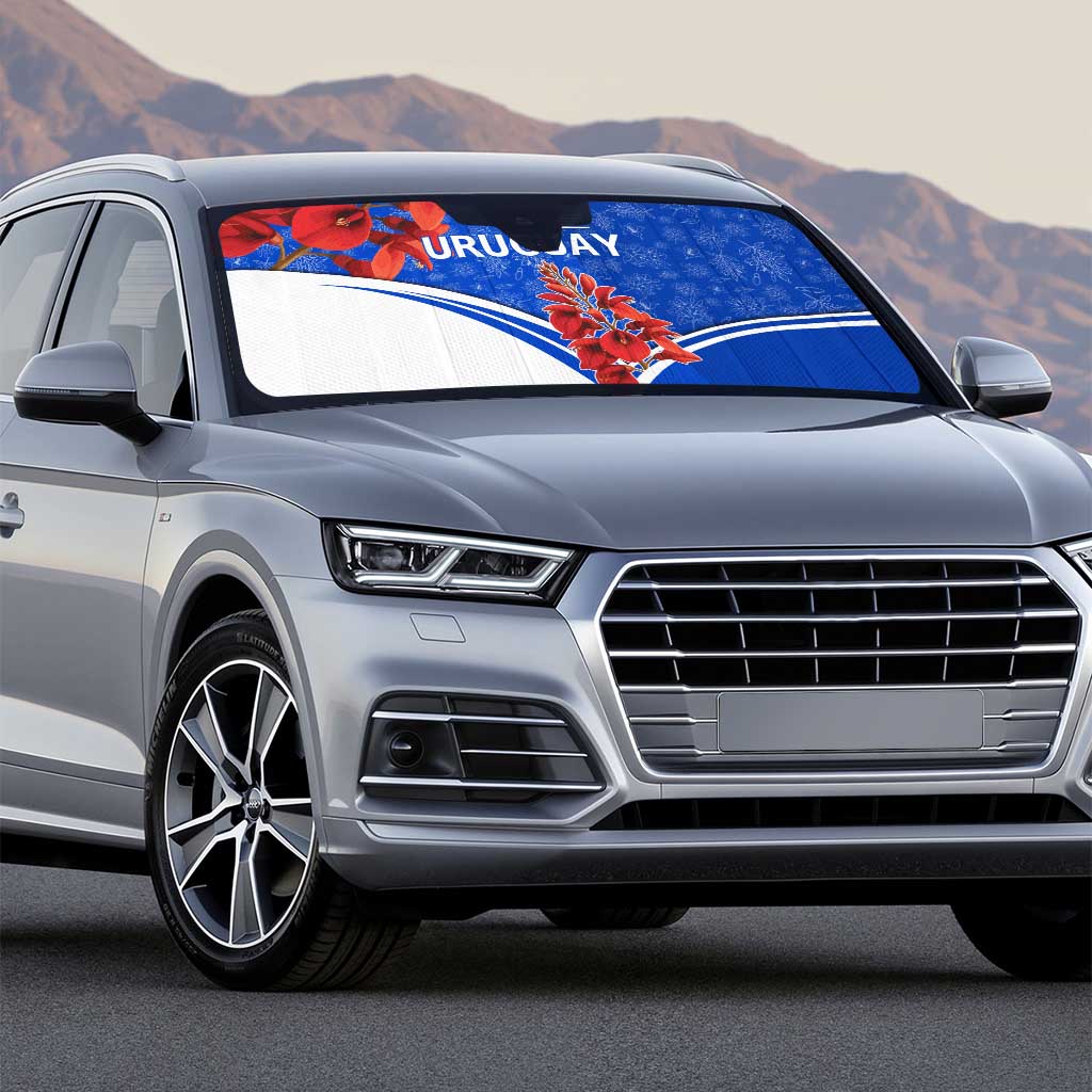 Uruguay Auto Sun Shade with Erythrina Flower Illustration Blue White Nature - Wonder Print Shop