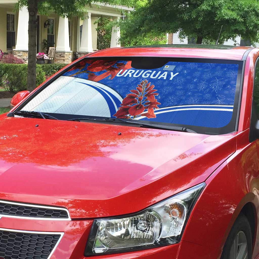 Uruguay Auto Sun Shade with Erythrina Flower Illustration Blue White Nature - Wonder Print Shop