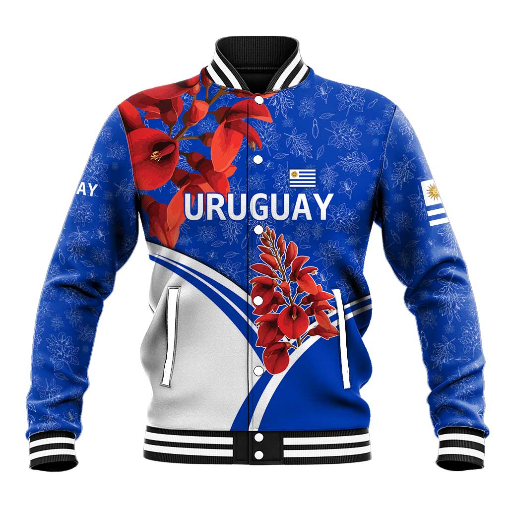 Uruguay Baseball Jacket with Erythrina Flower Illustration Blue White Nature - Wonder Print Shop