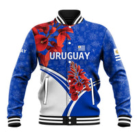 Uruguay Baseball Jacket with Erythrina Flower Illustration Blue White Nature - Wonder Print Shop