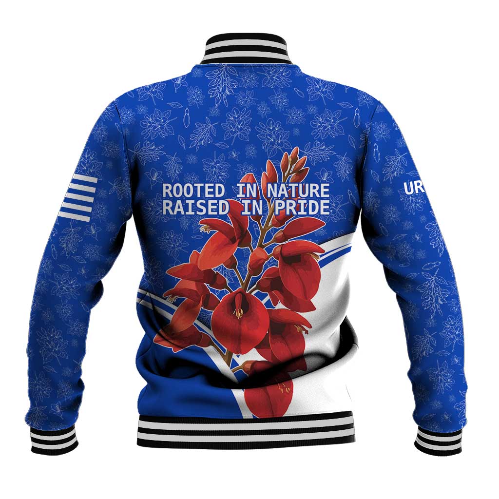 Uruguay Baseball Jacket with Erythrina Flower Illustration Blue White Nature - Wonder Print Shop