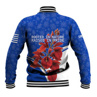 Uruguay Baseball Jacket with Erythrina Flower Illustration Blue White Nature - Wonder Print Shop