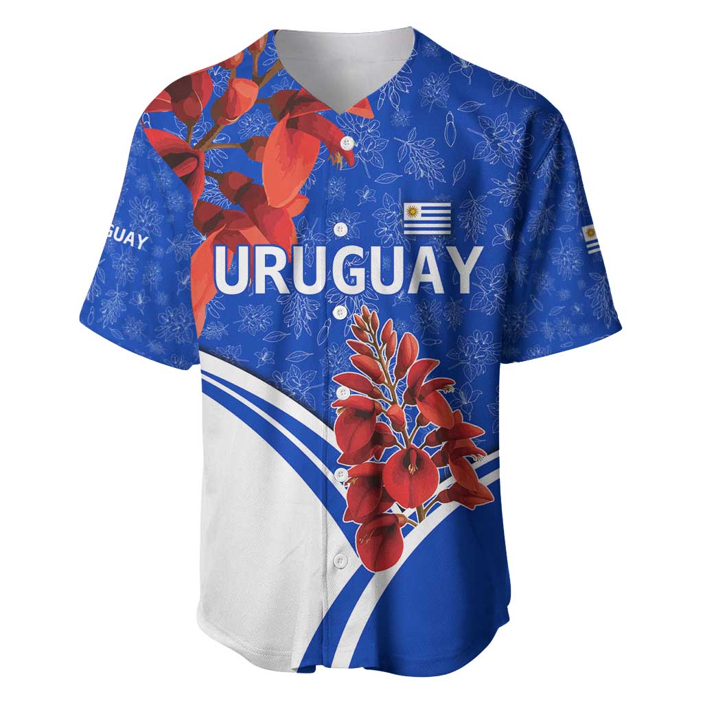 Uruguay Baseball Jersey with Erythrina Flower Illustration Blue White Nature - Wonder Print Shop